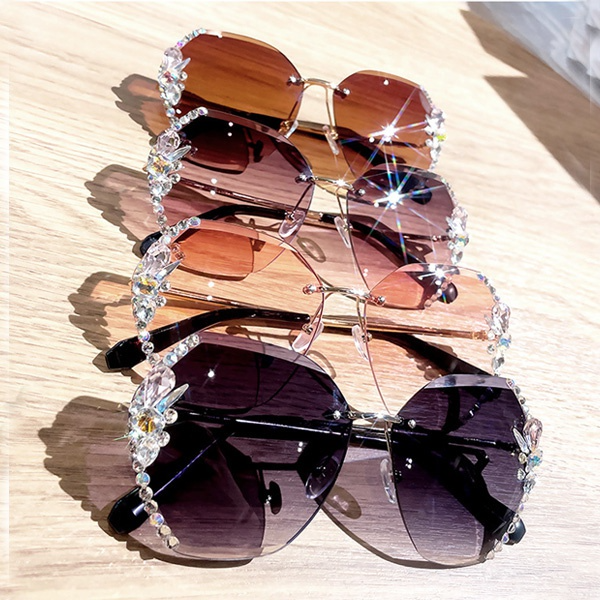 TGOGO Mode Vintage Randlose Strass Sonnenbrille Frauen Männer Retro Schneiden Objektiv Gradienten Sonnenbrille Weiblich UV400_voghion.com