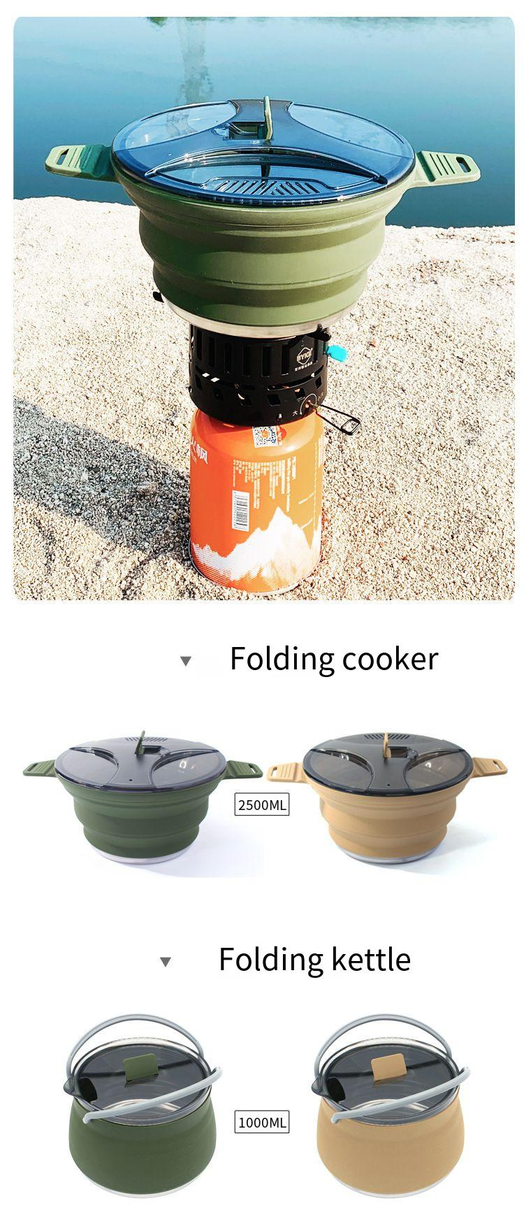 New outdoor camping cookware set folding kettle cooking pot camping portable tableware silicone_voghion.com