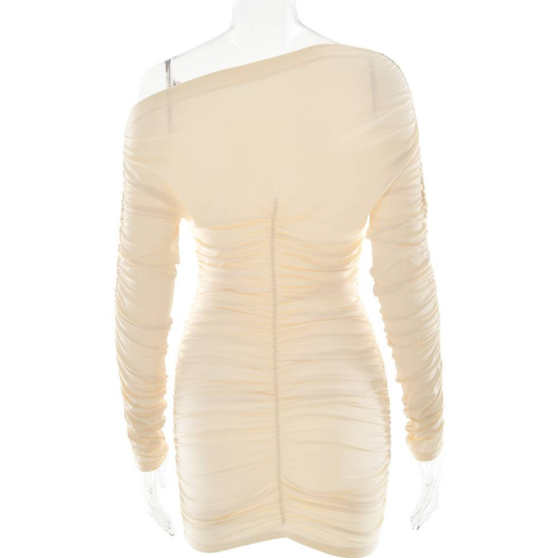 Inclined Shoulder Long Sleeve Sexy Mini Dress For Women Autumn New Fashion Backless Ruched Bodycon Party Sexy Dress_voghion.com