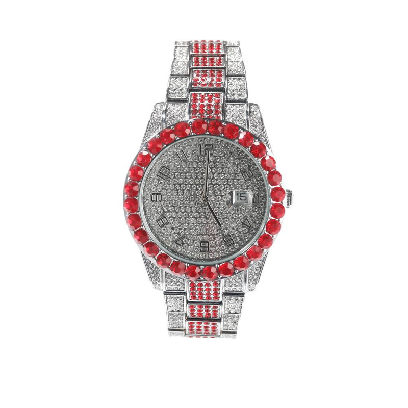 Diamond Studded Red Fashion Watch Round Large Dial Quartz Watch_voghion.com