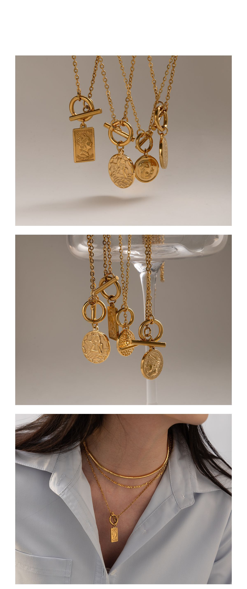 Collier avec pendentif carré et rond en laiton plaqué or, style rétro, exquis, pour femme, collier avec tête humaine, tendance et polyvalente_voghion.com