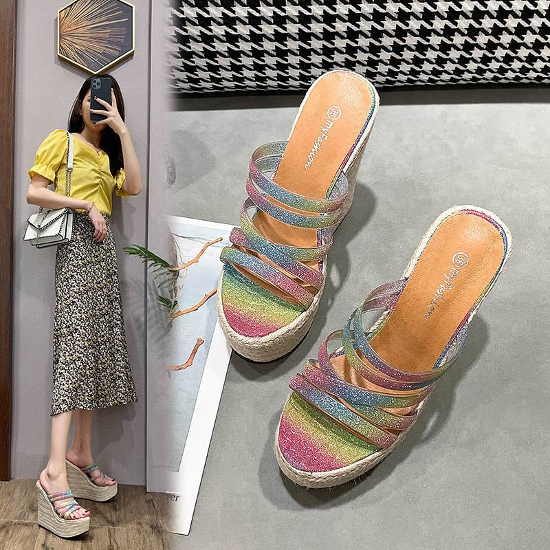 16CM Platform Sandals With CrissStraps & Jute Sole - Summer Wedge Shoes Comfortable Thick Sole Design, Available In Silver & Multicolor_voghion.com