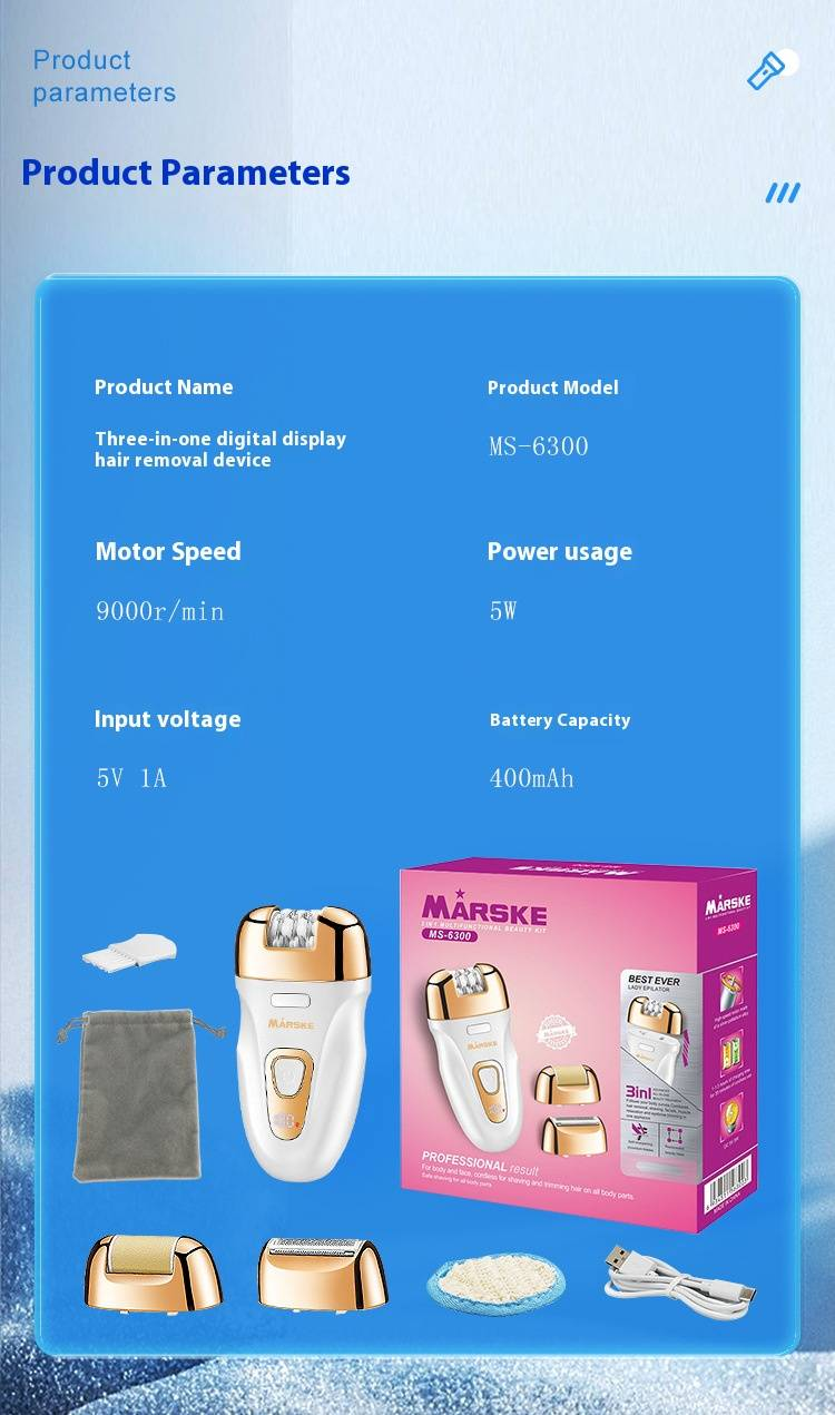 MARSKE 3-in-1 Electric Hair Removal Device For Women - Painless Epilator, Foot File & Bikini Trimmer, USB Rechargeable, Waterproof_voghion.com