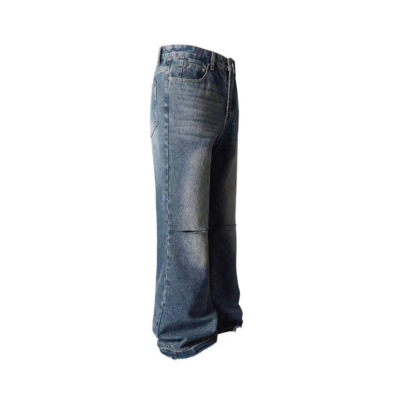 Vaqueros vintage desgastados de pierna ancha: corte a cuchillo y lavado con bigotes, mezclilla retro acampanada de dos tonos._voghion.com