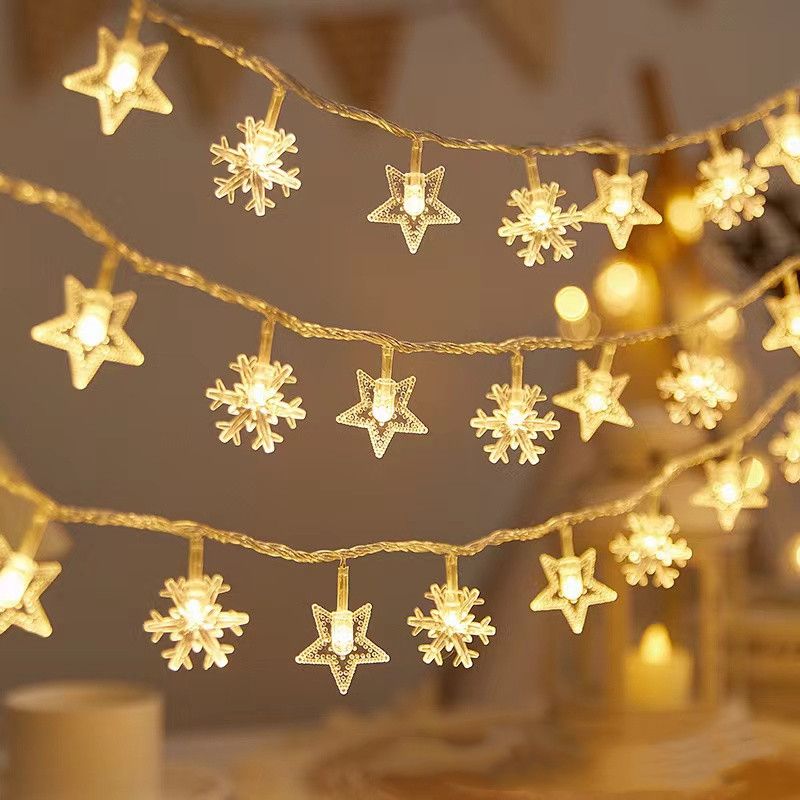 Luces navideñas solares con copos de nieve y renos: guirnalda de luces LED en blanco cálido y multicolor para interiores._voghion.com