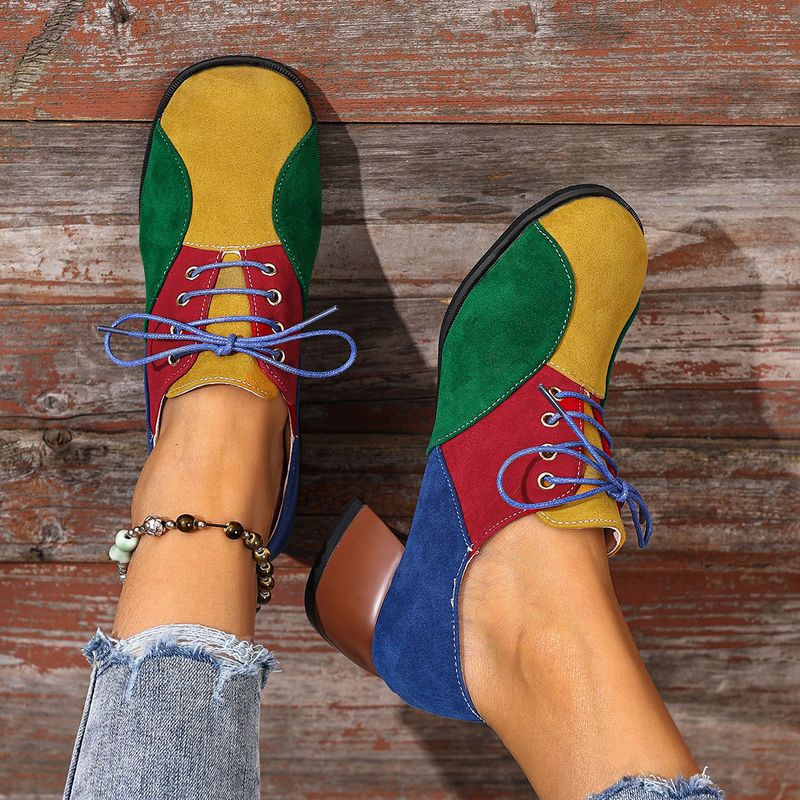 Women's High-heeled Casual Shoes With Color-blocking Design, Artistic And Retro Style, Lace-up Style Women's Shoes_voghion.com