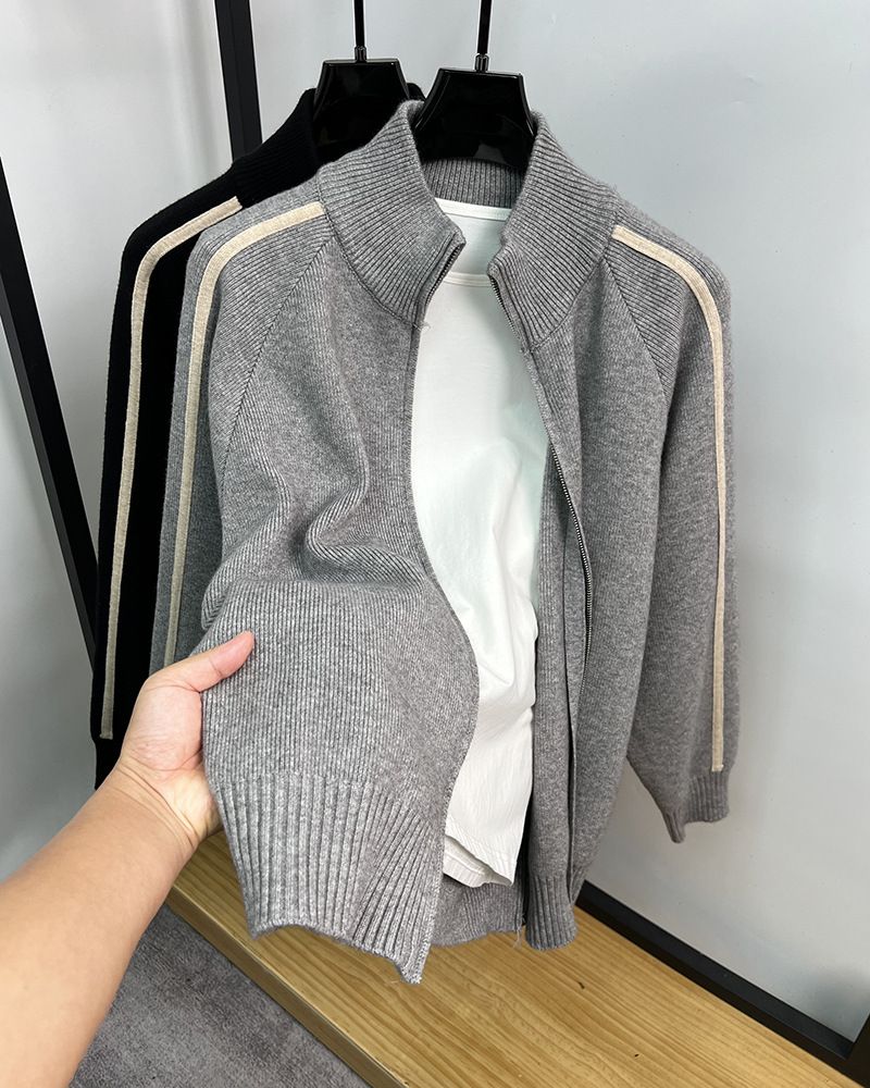 Cardigan in maglia con cerniera e collo alto da uomo – Maglione casual (M-4XL, nero/grigio)_voghion.com