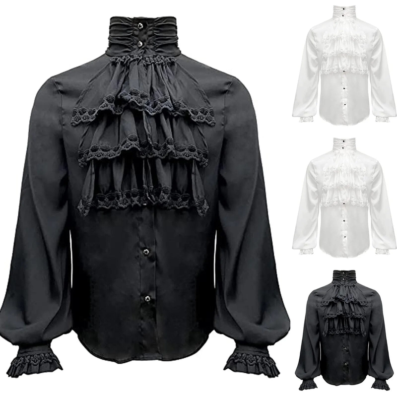 Camicie da uomo medievali rinascimentali vintage fasciatura vittoriana con volant camicetta maschile gotica top costume cosplay casual da sposo_voghion.com