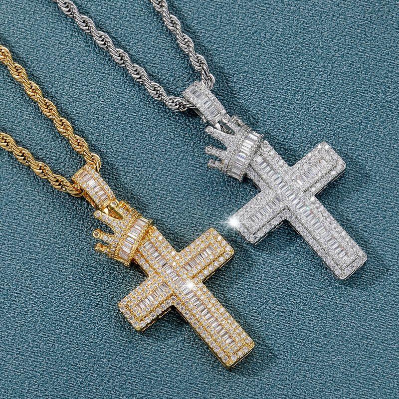 Full Diamond Hip-Hop Style Micro-Inlaid Zircon Crown Cross Pendant Trendy American Necklace Clavicle Chain_voghion.com