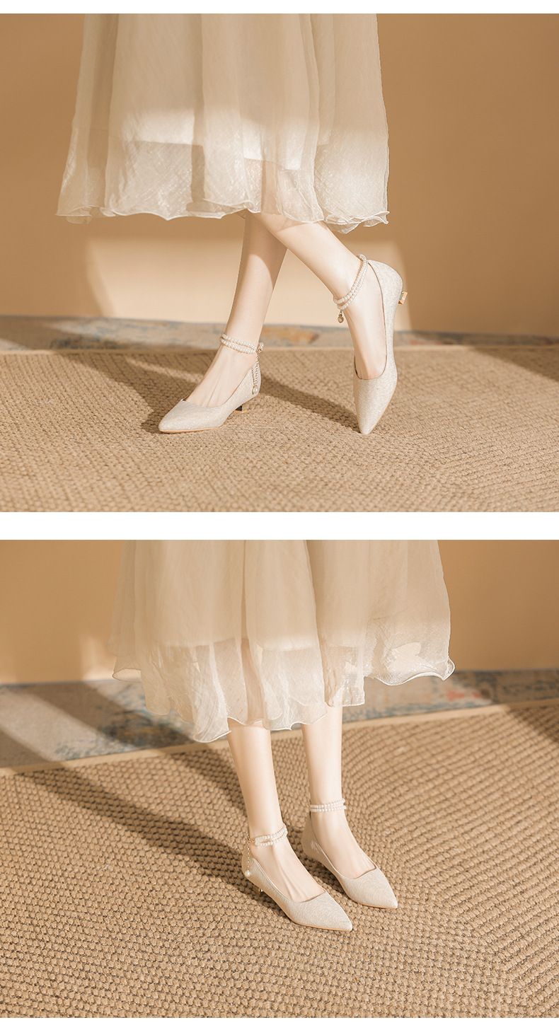 Damenschuhe Champagnerfarbene Hochzeitsschuhe, Brautschuhe, Umstandsschuhe, Einzelschuhe für den Alltag, High Heels mit einem Riemen und Perlenkristallen für Frauen_voghion.com