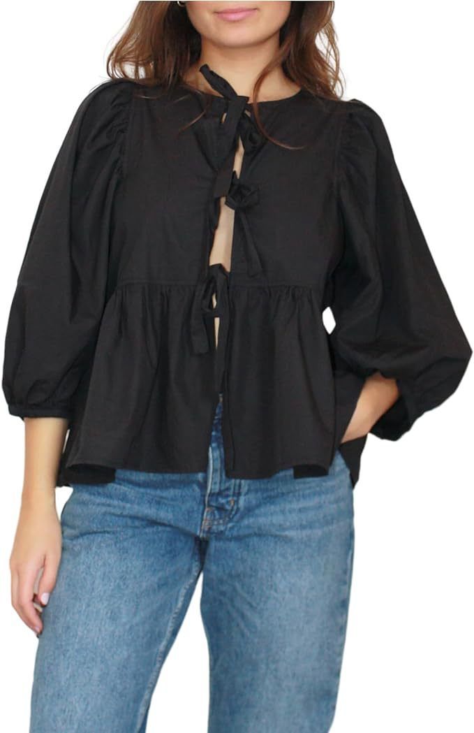 Women's Clothing Tie Front Top Leopard Print Ruffle Babydoll Top 3/4 Length Puff Sleeves_voghion.com