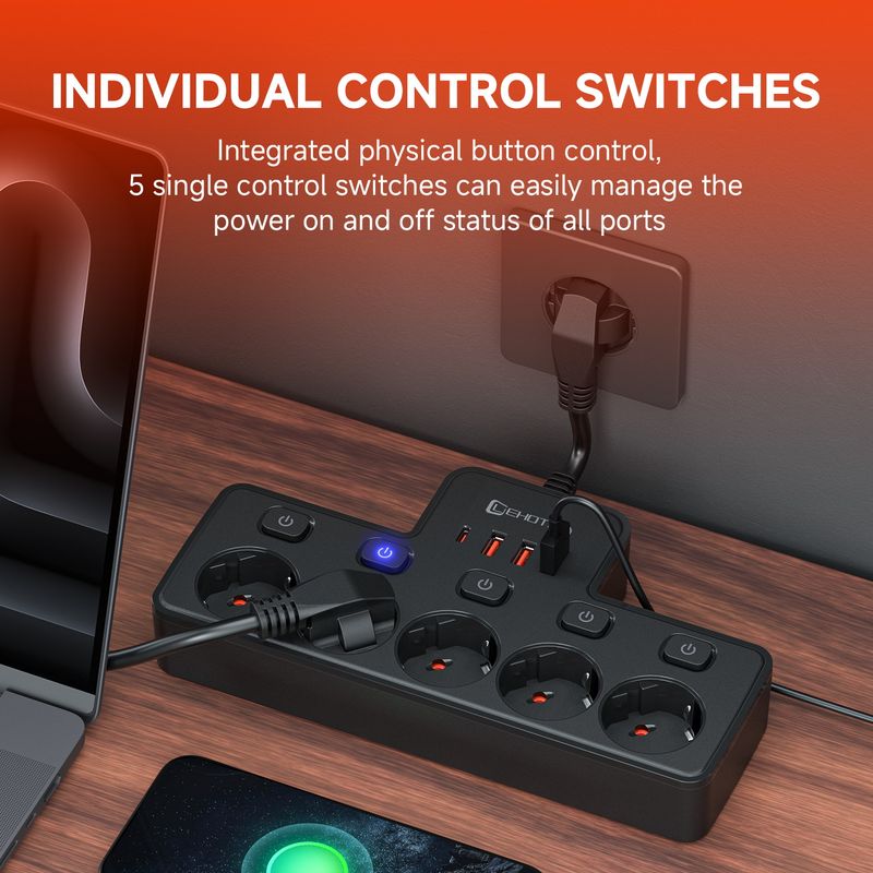 Interruttore indipendente CA UE, multipresa da parete, presa standard europea, filtro di rete con ricarica USB C_voghion.com