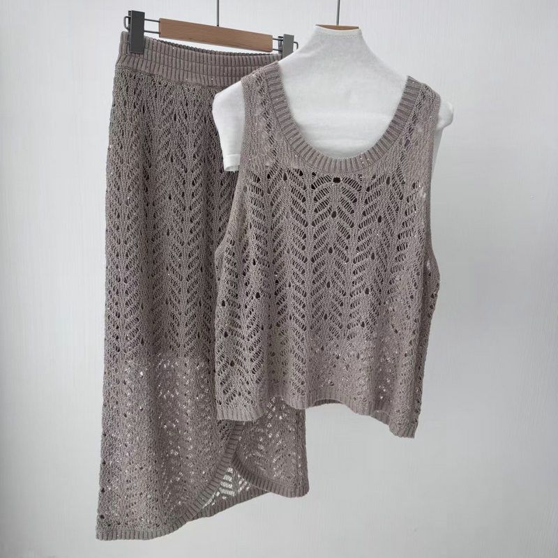 25 Spring Breeze Hollow Linen Set Nuovo stile da donna Versatile ed elegante canotta all'uncinetto + gonna di media lunghezza_voghion.com