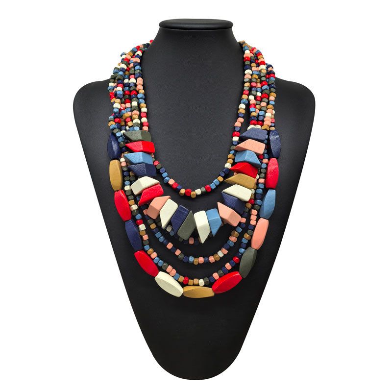 Nuova collana esagerata di perline di legno colorate irregolari bohémien, gioielli di moda unici e di grande vendita_voghion.com