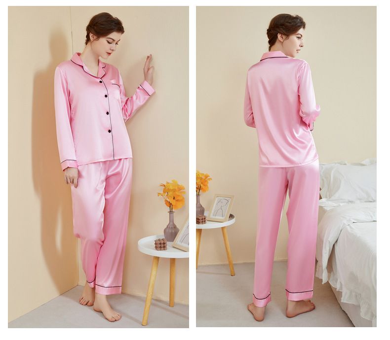 Damen-Nachtwäsche, große Größe, Basic-Pyjama, Damen, Frühling und Sommer, langärmelige Hose, dünne Seide, Freizeit, Zuhause, zweiteiliges Set_voghion.com