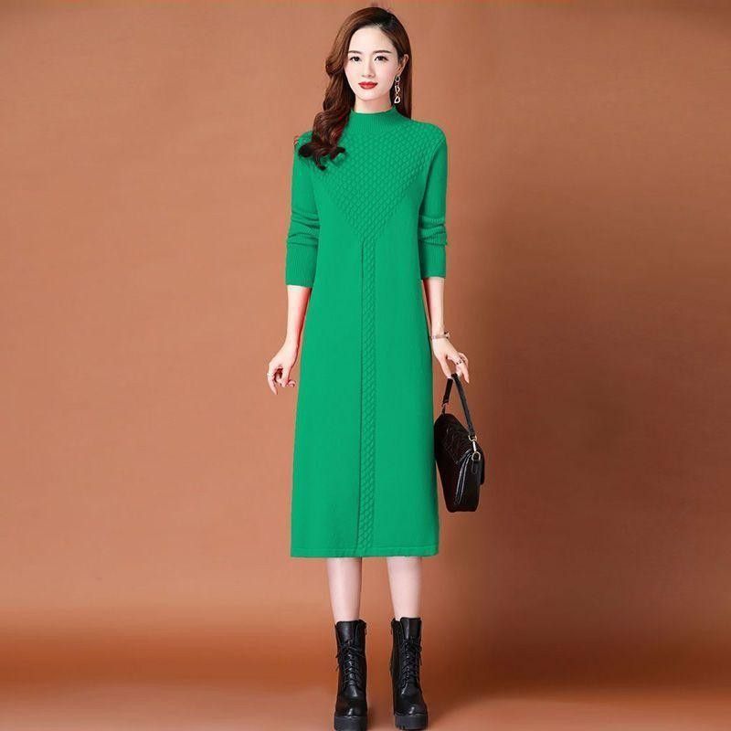 2025 herbst Winter Neue Große Größe Lose Elegante Gestrickte Für Frauen Dicke Über-die-Knie Lange Kleid_voghion.com
