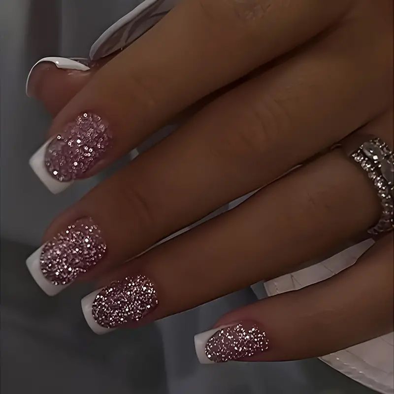 Unghie finte, tinta unita, indossabili, nail art francese con glitter, staccabili, adesivi per unghie semplici_voghion.com