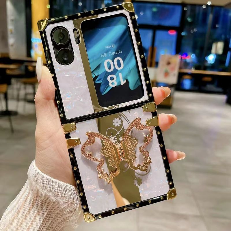 For Oppo N2 Flip Luxury Cute Square Shell Butterfly Flower Diamond Ring Stand Holder Phone Case Cover_voghion.com