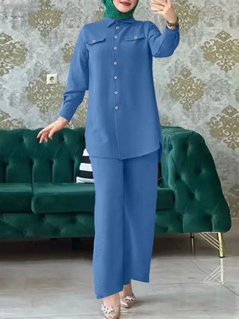 Completo casual da donna musulmana modesta - Top a maniche lunghe e pantaloni a gamba dritta in azzurro e verde smeraldo (S-XXL)_voghion.com