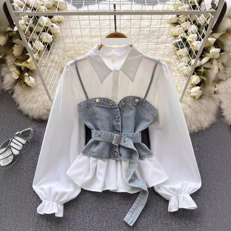 Women's Clothing age reducing suit retro denim camisole vest layered versatile puff sleeve shirt two piece top_voghion.com