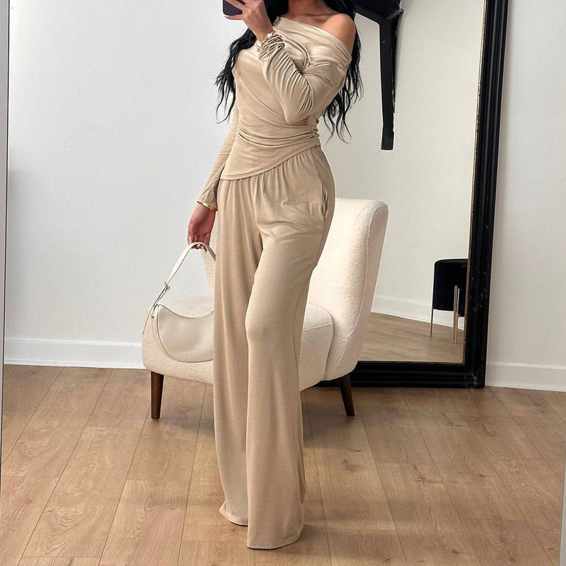 Sieviešu apģērbi slavenību stila kroku bikšu uzvalks ar garām piedurknēm ar platu augšdaļu_voghion.com