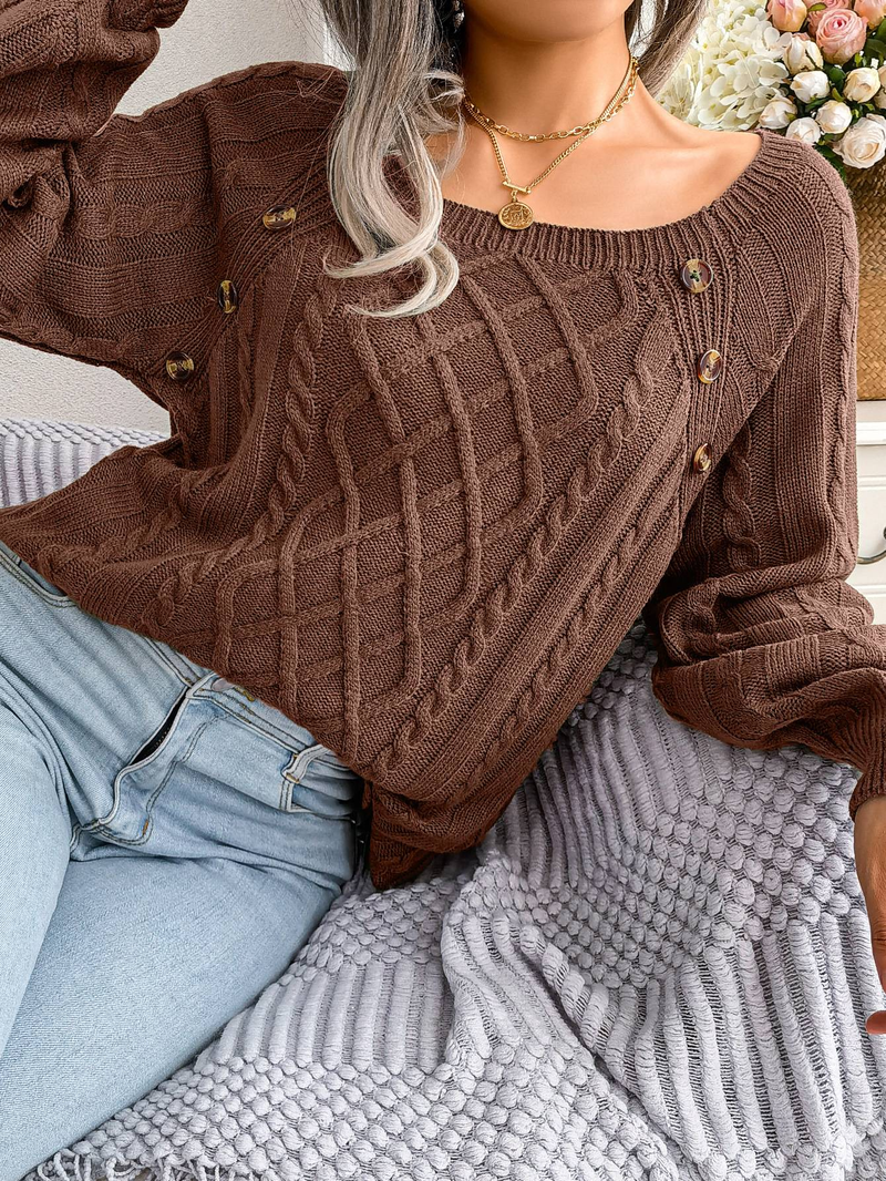 Womens Autumn Winter Cable Knit Sweater Solid Color Square Neck Buttons Long Sleeve Ribbed Knitted Pullover Loose Jumpers Tops_voghion.com