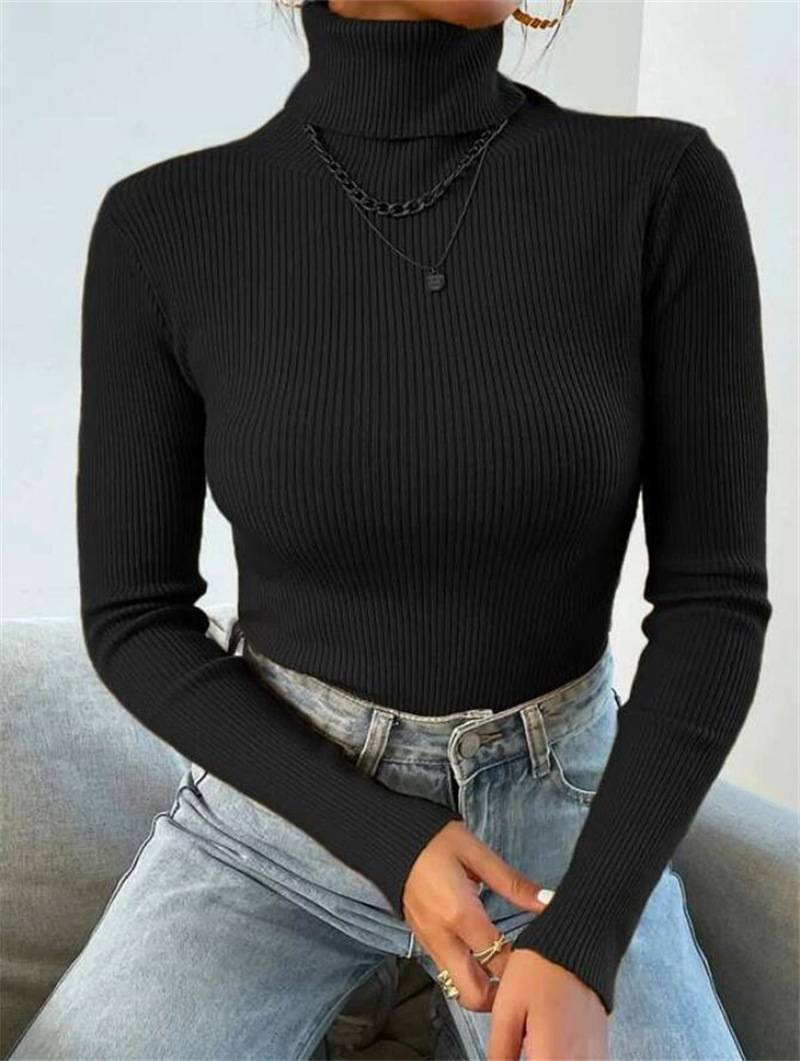 2024 Autumn Winter Women Long Sleeve Knitted Foldover Turtleneck Ribbed Pull Sweater Soft Warm Femme Jumper Pullover Clothes_voghion.com