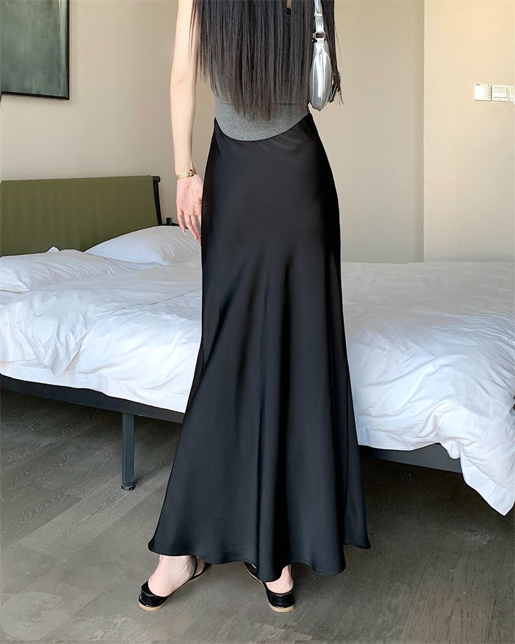 Gonna lunga a portafoglio con vita alta e drappeggio a coda di pesce in raso per abbigliamento da donna, primavera e autunno_voghion.com