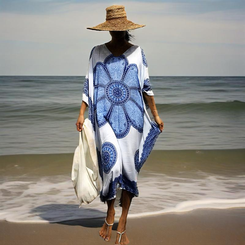 Women's Flowy Rayon Printed Cover-Up Beach Dress - Lightweight Sun Protection Swimwear Tunic For Vacation & Poolside_voghion.com
