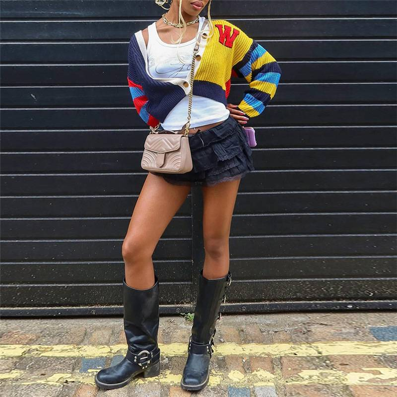 Damski, swobodny, kolorowy sweter z dzianiny z literami i guzikami, krótki rękaw, długi rękaw, modny top w stylu streetwear_voghion.com
