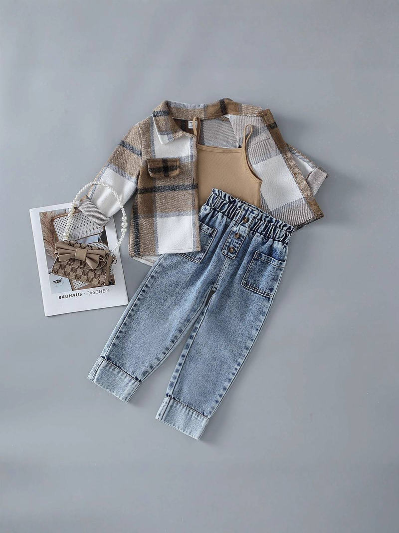 3-teiliges Herbst-Set aus Jeansweste und Cordhemd mit verwaschenen Jeans für Mädchen – weiche Baumwollmischung, stylisch und bequem (4–7 Jahre)_voghion.com