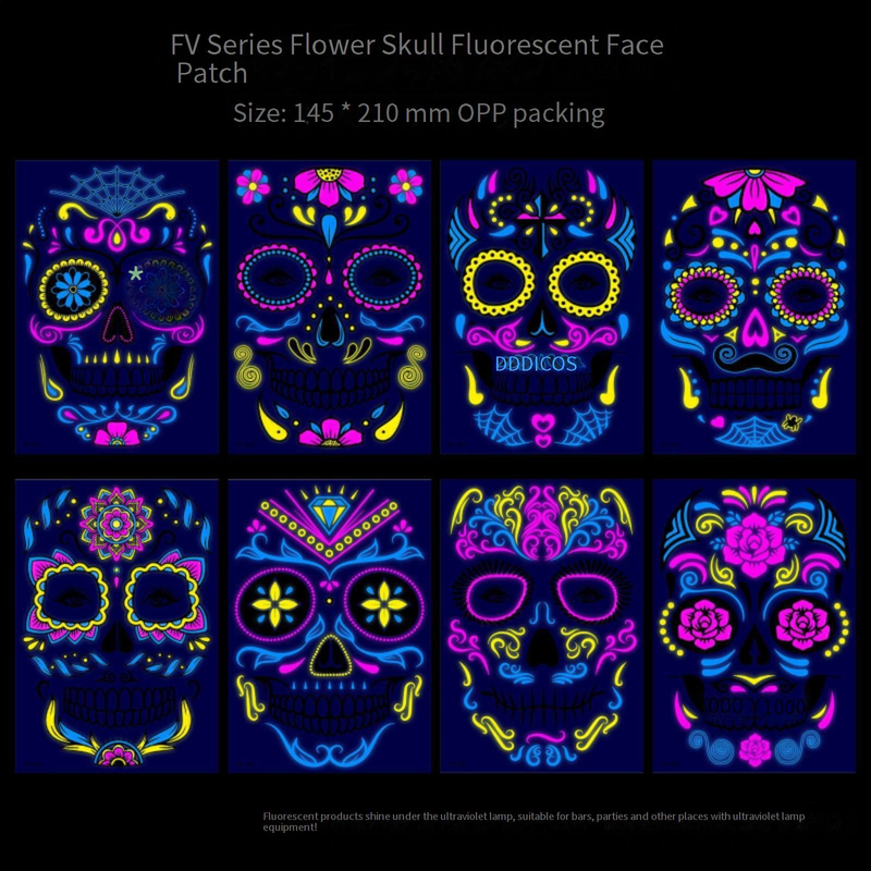 Halloween Temporary Tattoos Stickers - Glow In The Dark Day Of The Dead Face & Body Art For Party, Scary Makeup, Costume Accessories (8-Piece Set)_voghion.com