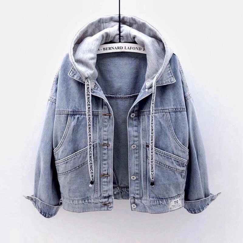 Ropa de mujer Chaqueta vaquera de manga larga para mujer, estilo holgado, con capucha, bolsillo grande, top corto versátil para primavera y otoño_voghion.com