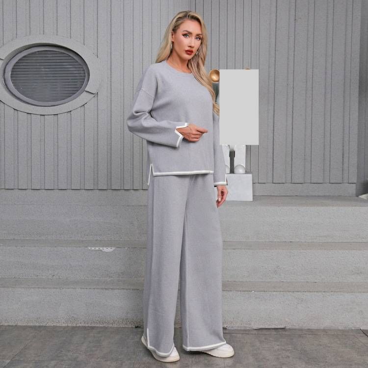 Plus Size Women's Knit Sweater & High-Waisted Flare Pants Set – Thick Modal Fabric, Oversized Fit & Chic Contrast Stitching (One Size)_voghion.com