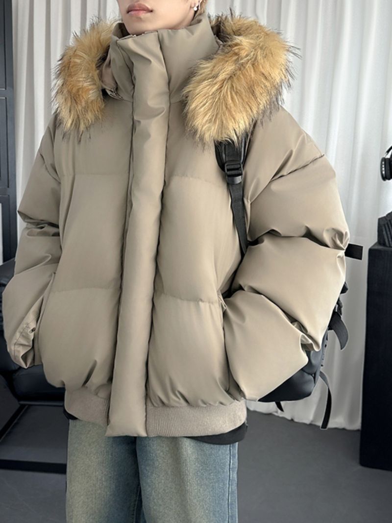 Kurze, wattierte Winterjacke für Herren mit Kapuze, Pelzkragen und PU-Leder im Stil einer amerikanischen Pufferjacke._voghion.com