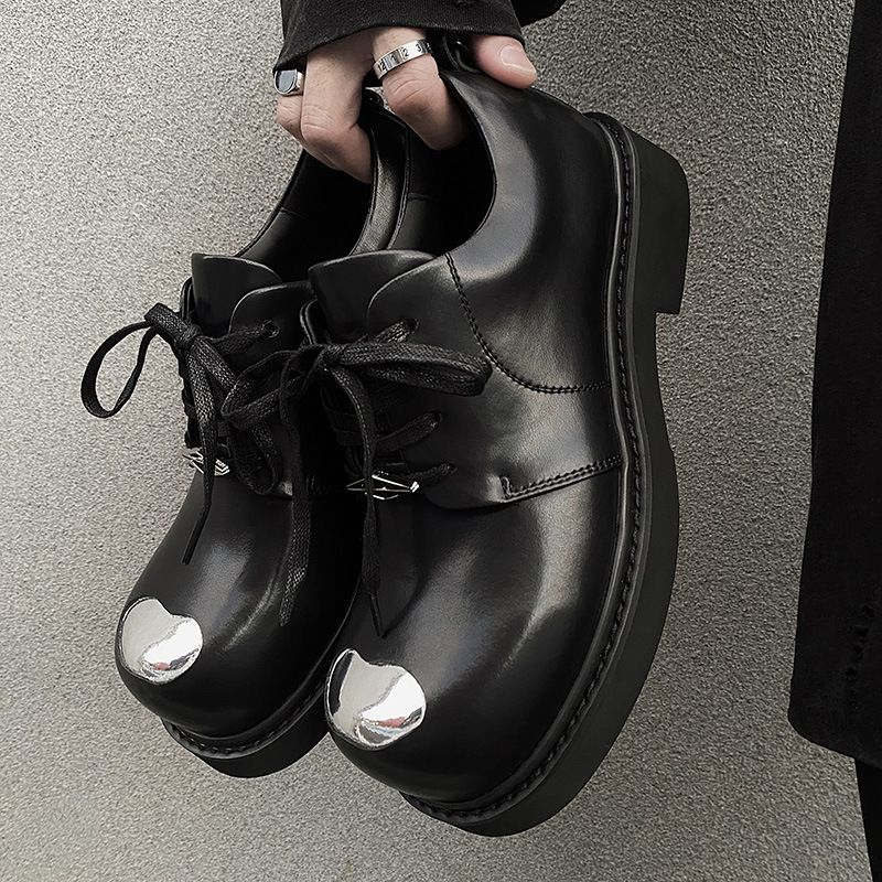Niche High-End-Derby-Schuhe mit großer Zehenpartie, dicker Sohle und größerer Sohle, lässiges schwarzes Leder im britischen Stil für Pendler_voghion.com