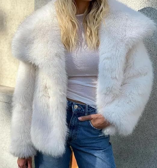 Women's Faux Fur Jacket With Fox Fur Collar - Winter Warm Short Coat For Plus Size, Elegant & Stylish Outerwear (White, Beige, Dark Gray)_voghion.com
