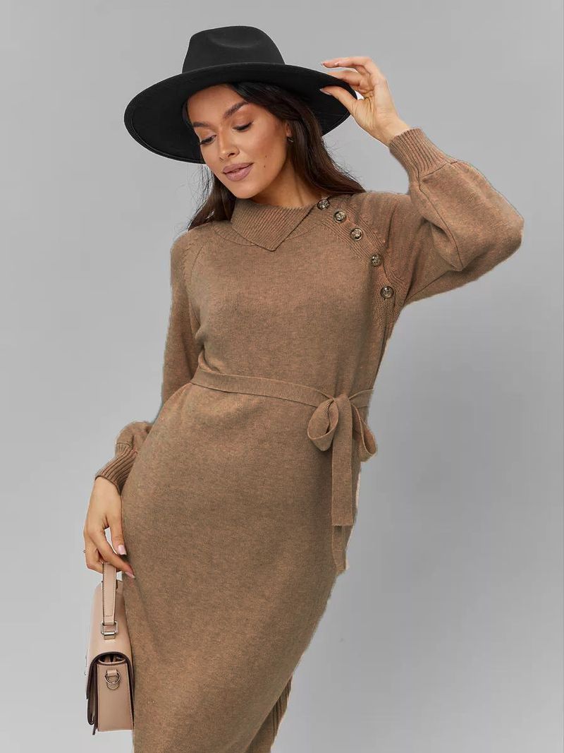 Collo ribaltabile, bordo smussato, bottoni in maglia autunno inverno, nuovo abito casual e alla moda in lana per le donne_voghion.com