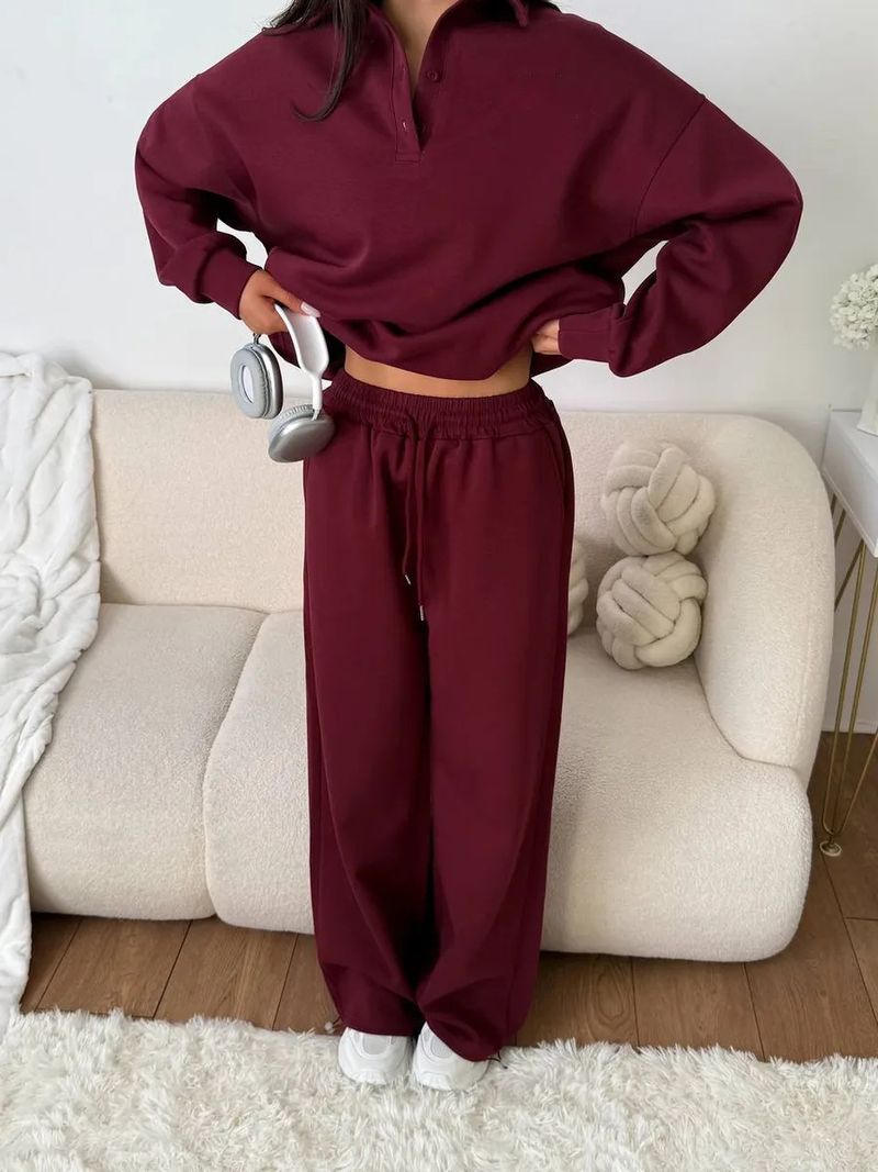 Set sportivi casual da donna, tinta unita, maniche lunghe, pullover con revers abbottonato, felpa, pantaloni con lacci, completo due pezzi_voghion.com