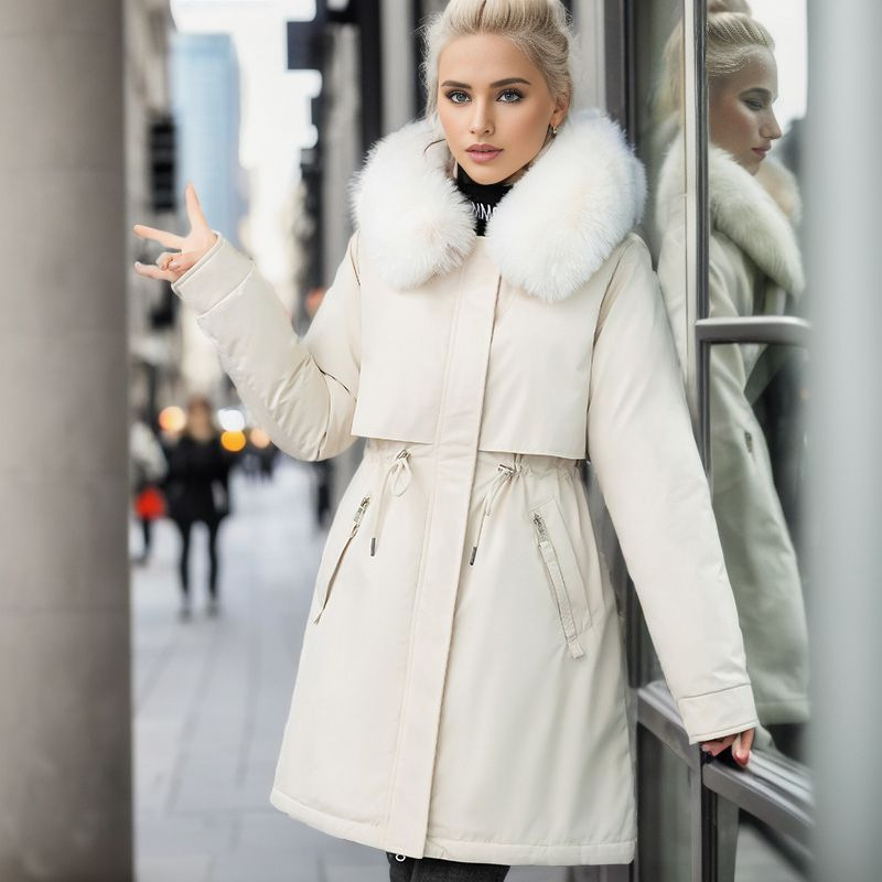 Giacca a vento lunga e slim da donna in autunno e inverno, nuovo collo in pelliccia foderata in cotone staccabile_voghion.com