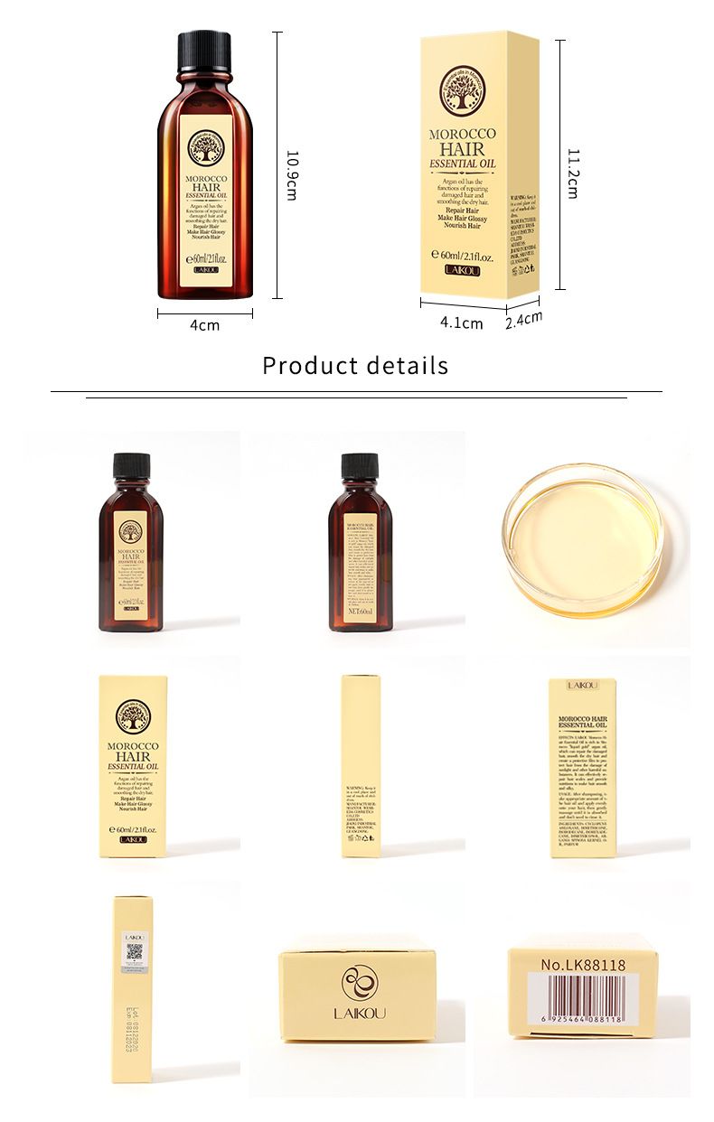 Laico Moroccan Hair Care Essential Oil 60ml Kuiville ja sileille hiuksille tarkoitettu hoitoaine, huuhteluton, englanninkielinen pakkaus_voghion.com