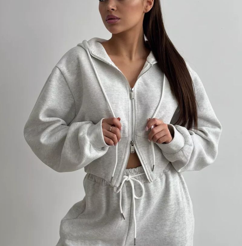 Completo da donna con felpa con zip e pantaloni a gamba larga - Completo coordinato in morbido cotone, da salotto a strada, traspirante, a maniche lunghe, due pezzi, casual_voghion.com