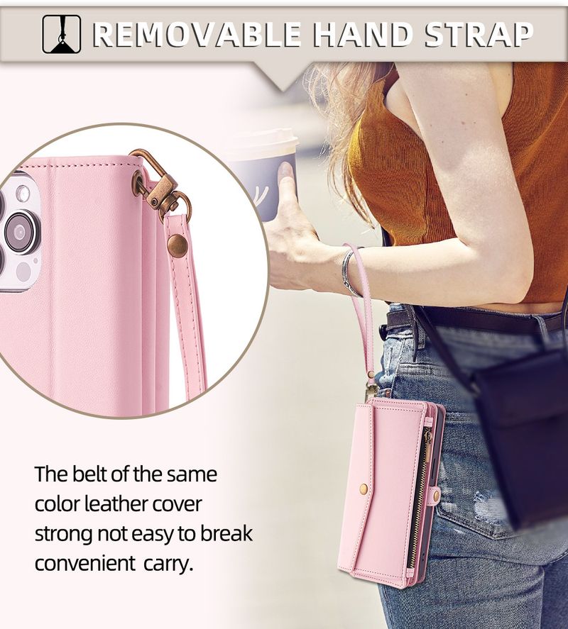 Piemērojams iPhone Crossbody plecu siksnas ādas maciņam 16 Pro daudzfunkcionālajam mobilā telefona maciņam 14. Ievietojiet karti 15 Wallet mobilā tālruņa maciņā_voghion.com