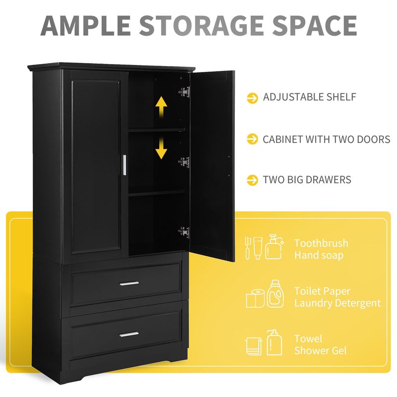 Tall Bathroom Storage Cabinet, Cabinet With Two Doors And Drawers, Adjustable Shelf, MDF Board_voghion.com