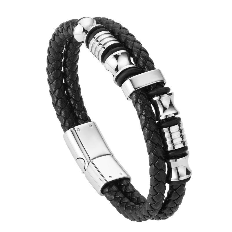 Bracciale commemorativo in pelle con corda rotonda magnetica, fibbia in acciaio inossidabile, anello in silicone a doppio strato da uomo nero_voghion.com