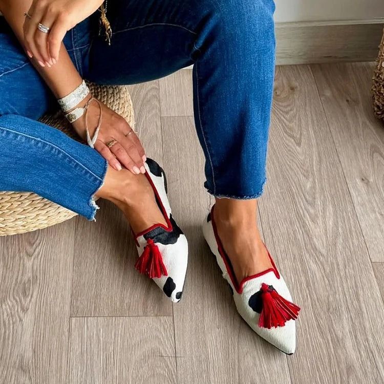 Scarpe casual con stampa mucca e nappe, nuove scarpe con tacco basso e punta a punta, primavera e autunno 2025, taglia 40-43_voghion.com