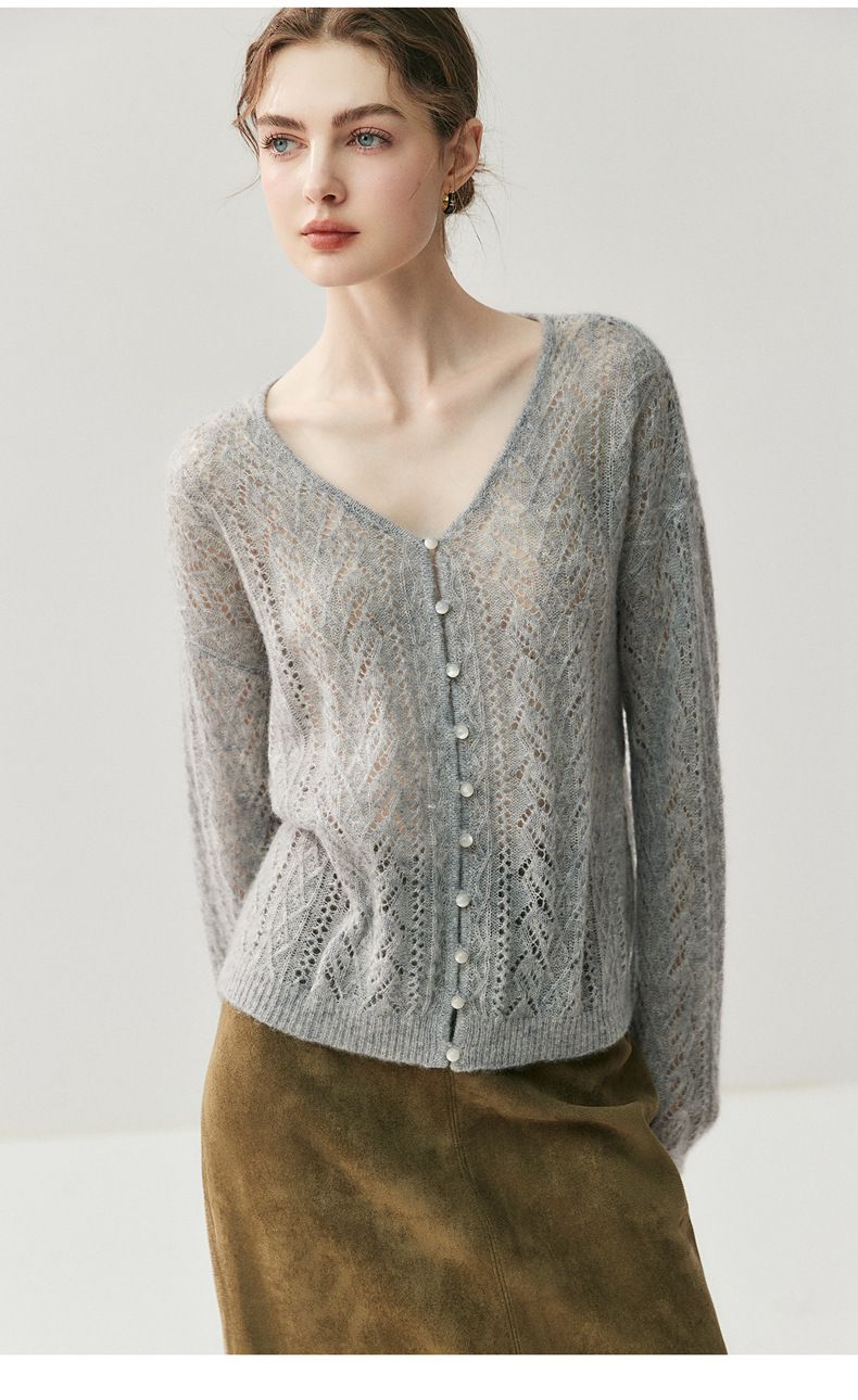 Cardigan da donna in 75% cashmere e 25% seta di gelso, con scollo a V, ampio e sottile, in maglia, taglie forti_voghion.com