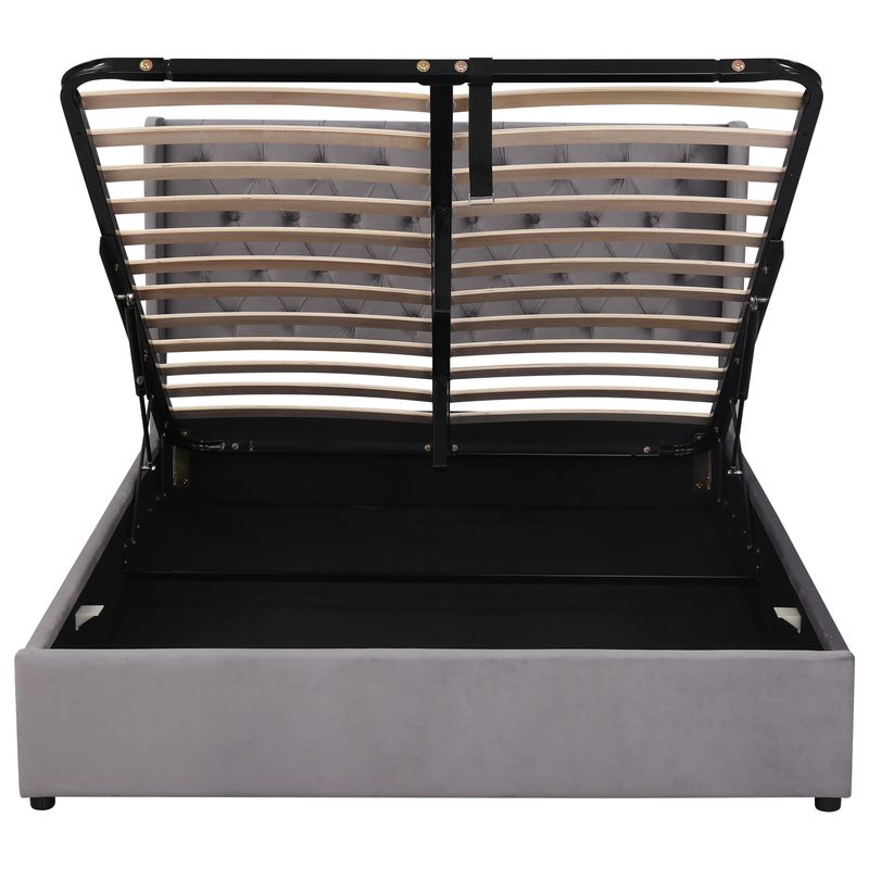 Lit double 140 x 200 cm, matelas coffre hydraulique en velours capitonné à gros boutons, sommier à lattes, sommier non tissé noir anti-poussière, gris_voghion.com