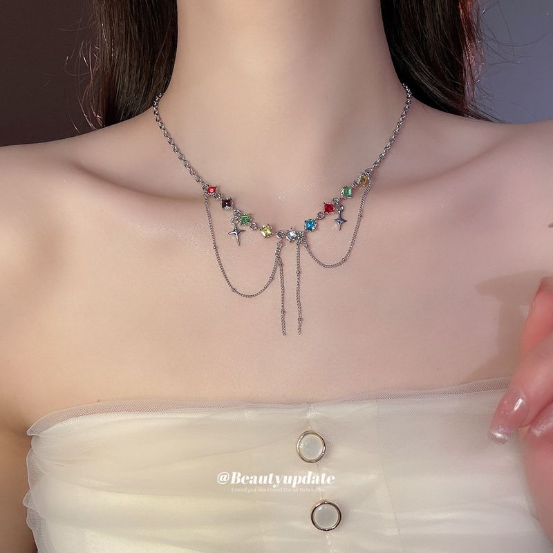 Diamond Studded Colorful Star Tassel Necklace Light Luxury High-end Feel, Collarbone With A Cold Personality And_voghion.com