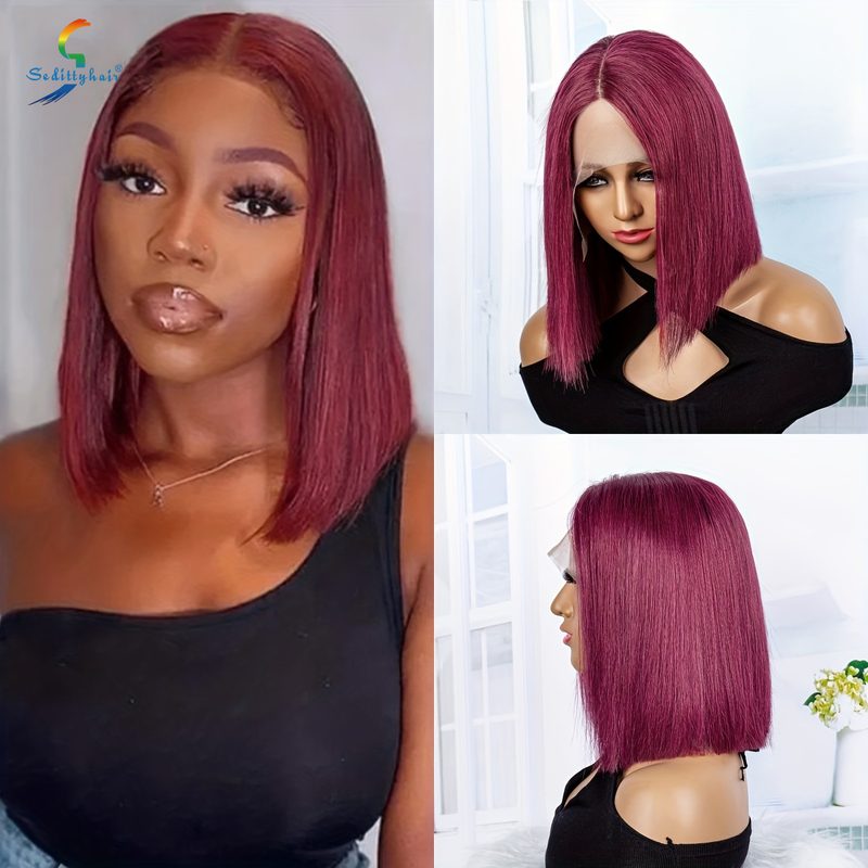 Burgundy Red Straight Bob Wigs Human Hair 13*4 T Part Lace Front Wigs For Women Glueless Human Hair Lace Front Wigs_voghion.com